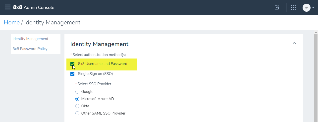 8x8 Admin Console Identity Management check 8x8 Username and Password.png